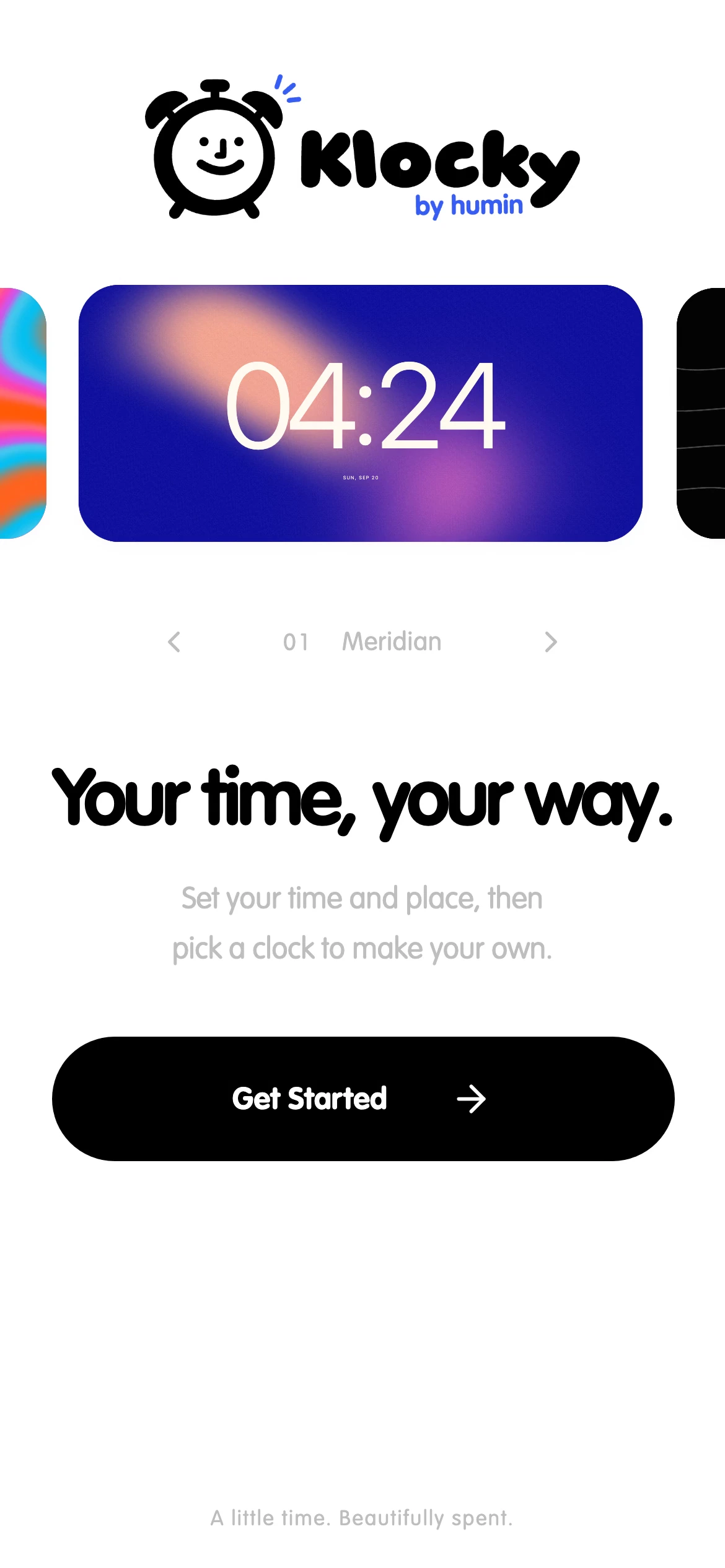 Klocky onboarding setting Chicago time, choosing a clock, and revealing the finished display