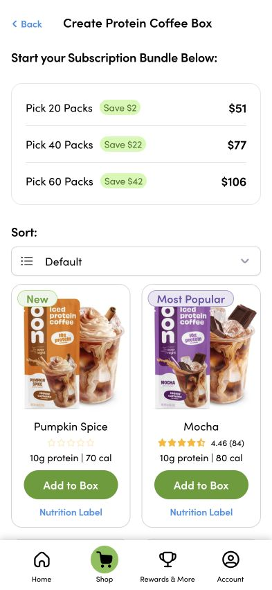 Production Protein Coffee builder with pack size choices and flavors