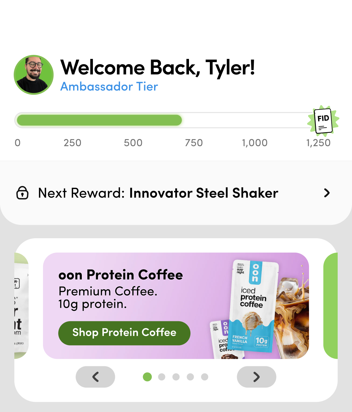 Historical Figma reference showing the large loyalty header and coffee carousel
