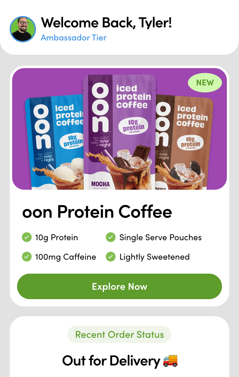 Production mobile homepage with the Protein Coffee discovery offer above order status