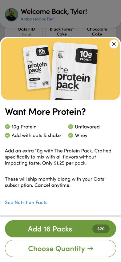 Protein Pack details with monthly recurring terms, cancellation, and quantity choices