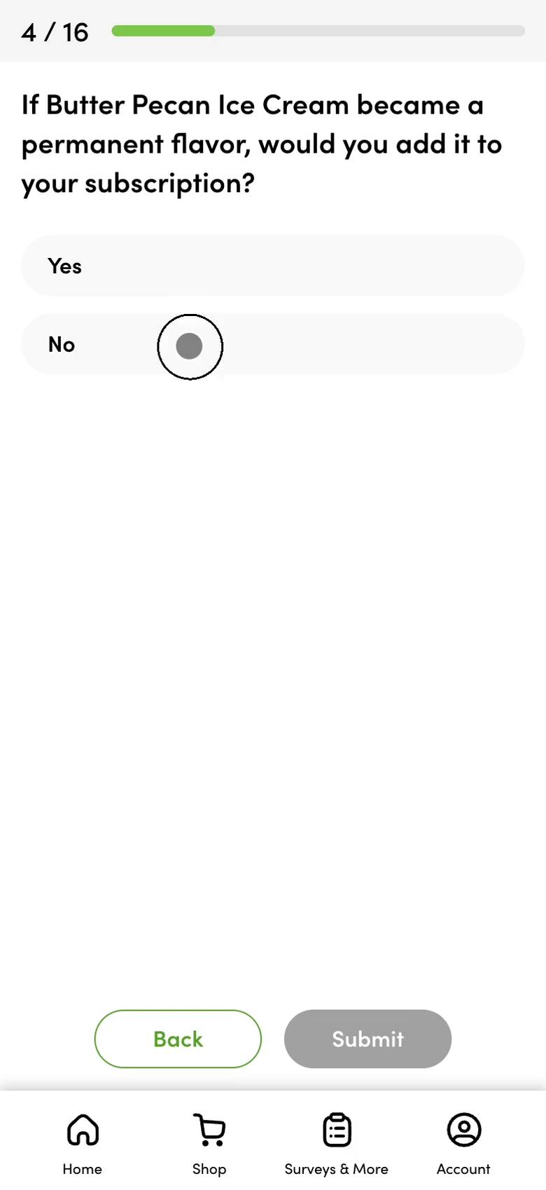 Recorded FID question asks whether the customer would add Butter Pecan Ice Cream if it became a permanent flavor; the pointer is choosing No before the results reveal