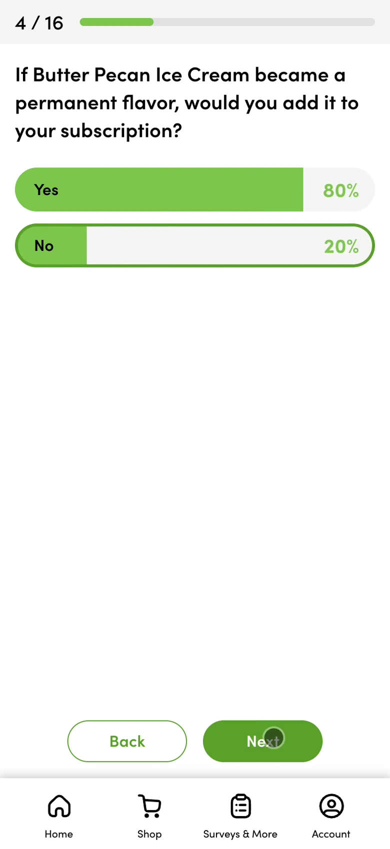 The same recorded FID question after submission, with the chosen No outlined and community results showing 80 percent Yes and 20 percent No