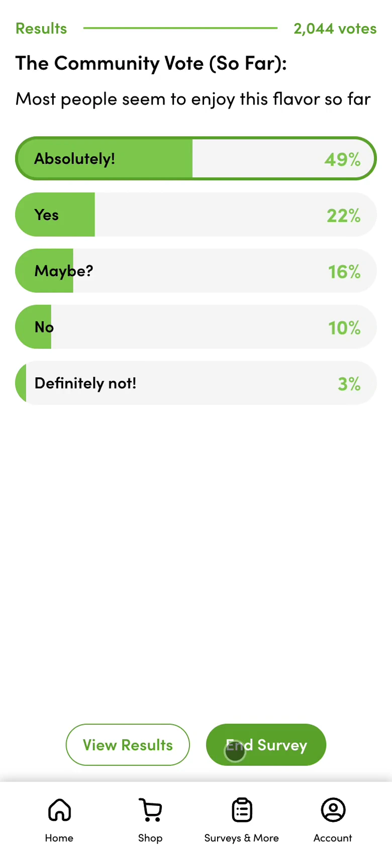 Recorded survey walkthrough: an answer is selected and submitted, a drumroll introduces the results, then the community vote appears with the selected answer outlined