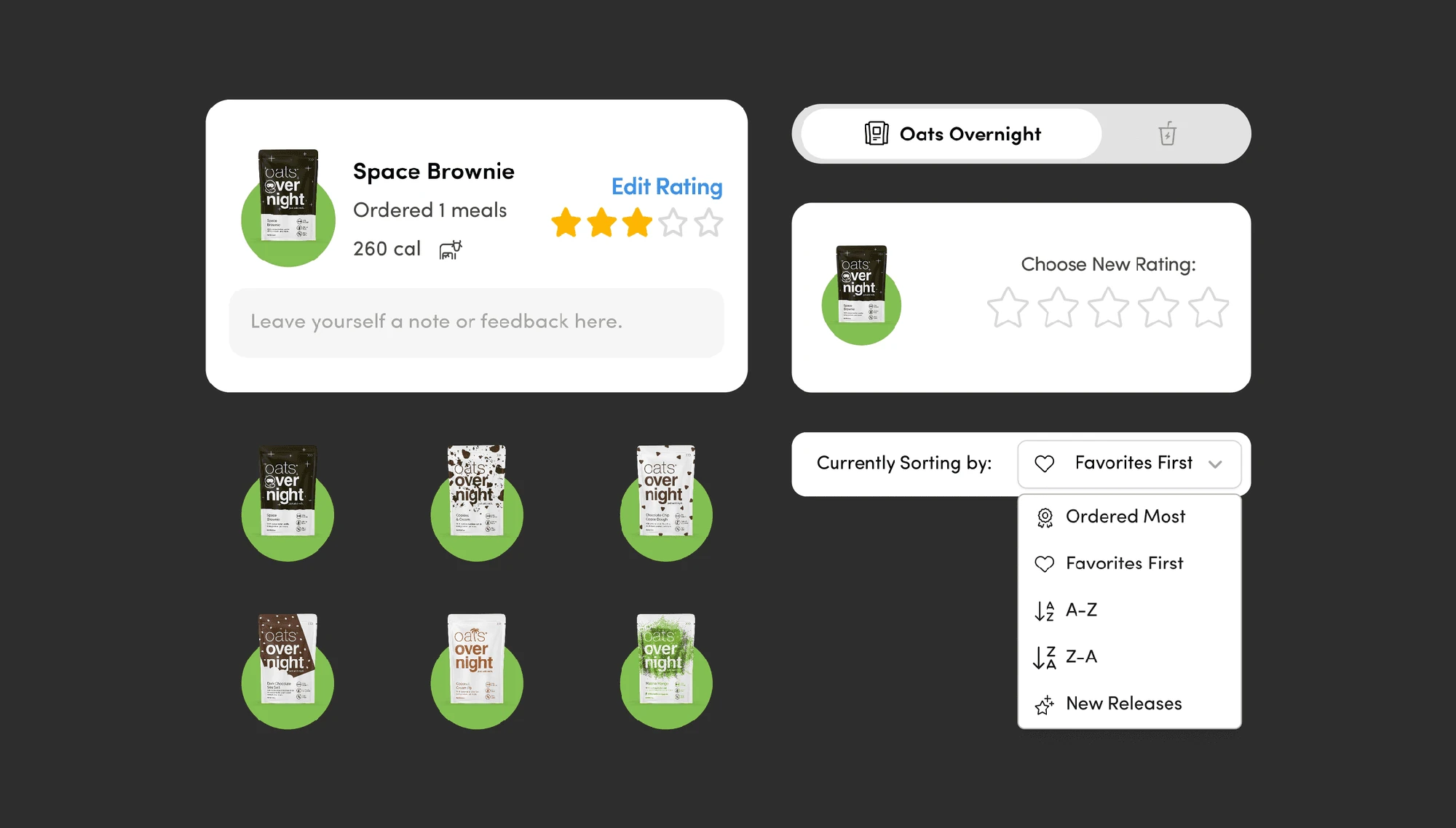 Rating controls, flavor badges, category switching, and sorting options