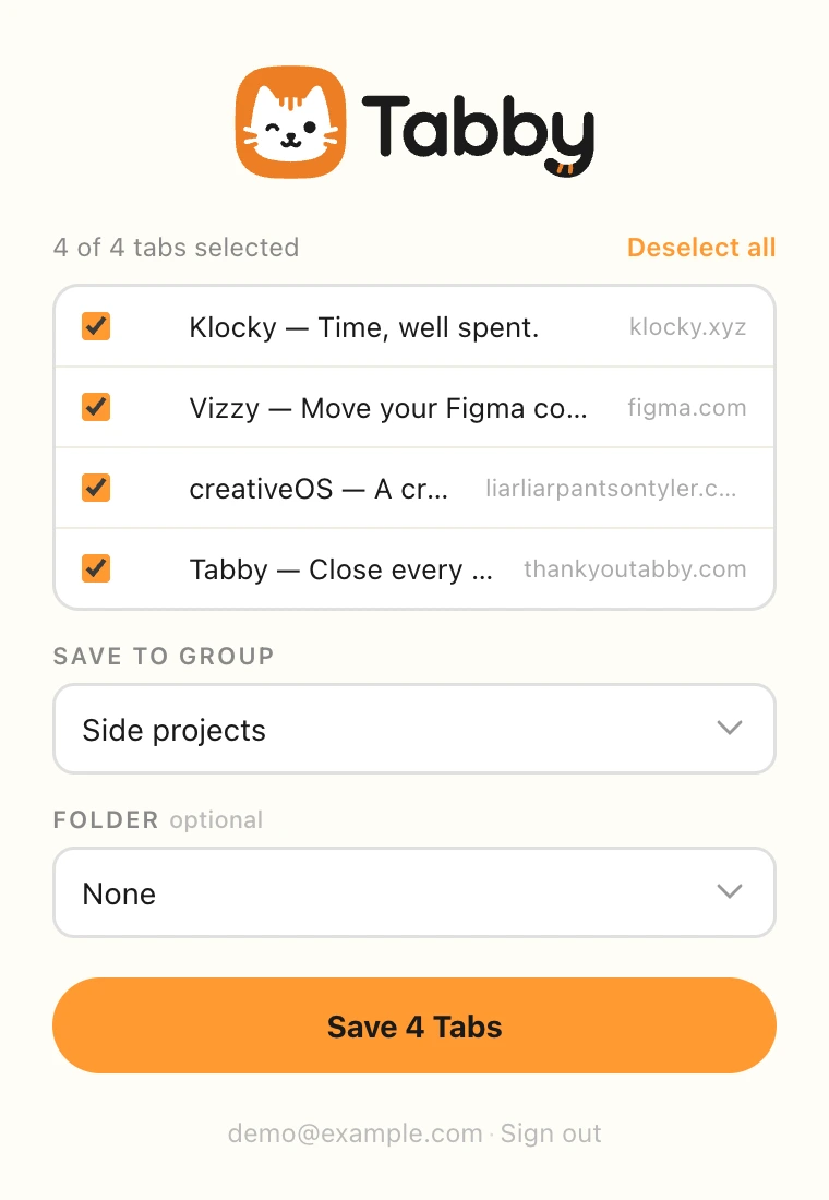 Tabby extension with four sample tabs selected and a Save 4 Tabs button