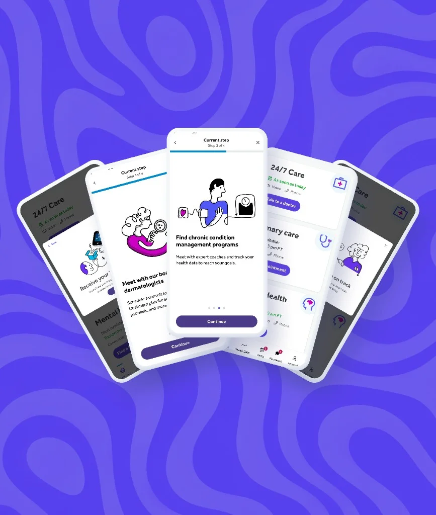 Five Teladoc product screens with a shared brand and care experience