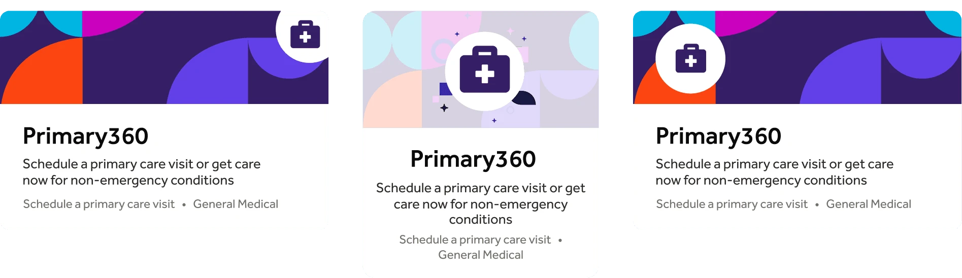 Three Primary360 service-card explorations