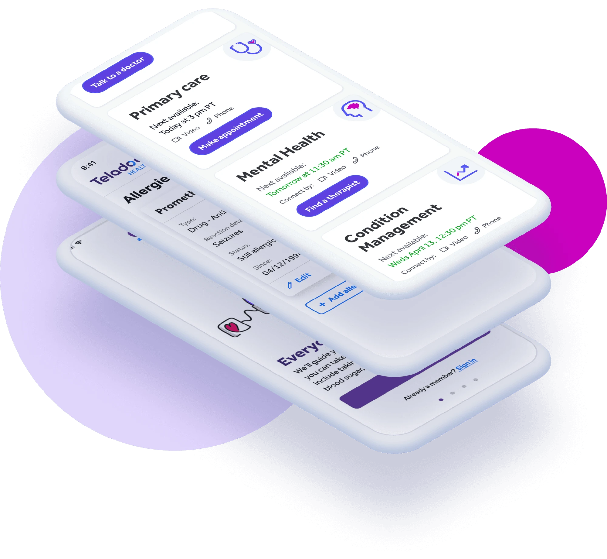 Layered Teladoc app screens showing the integrated care experience