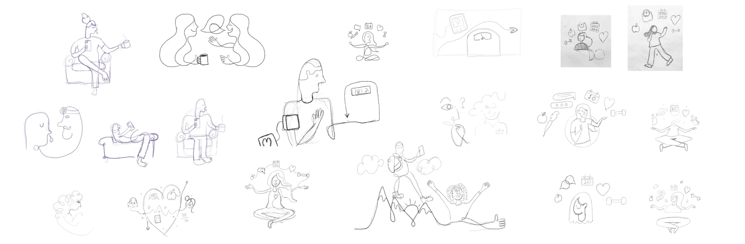 Continuous-line illustration sketches exploring human connection and healthcare